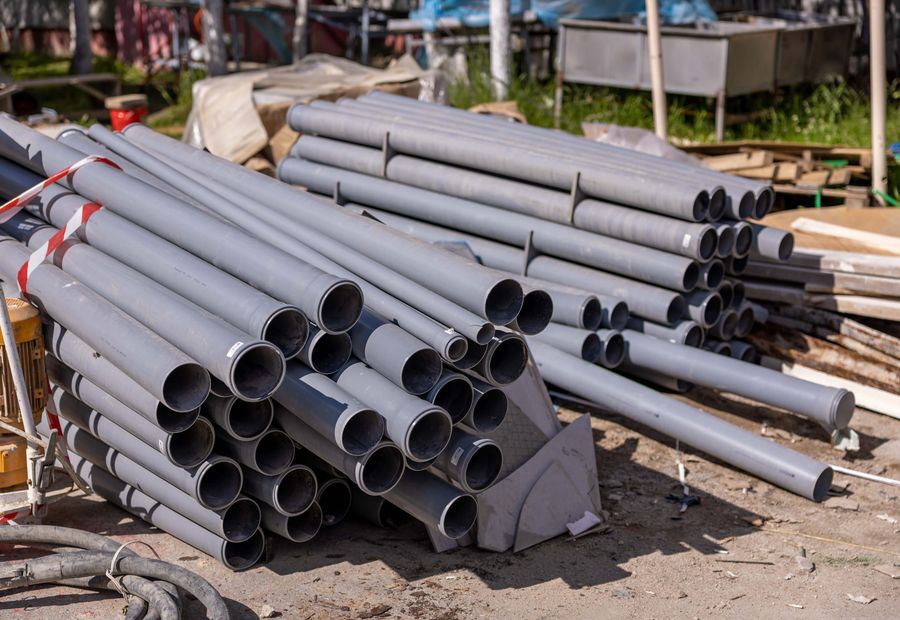 Stacked PVC pipe and fittings laid out on a septic jobsite