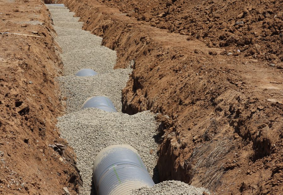 Open septic trench with perforated pipe bedded in washed gravel