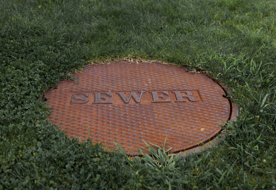 Cast metal septic access lid set flush in a mowed lawn
